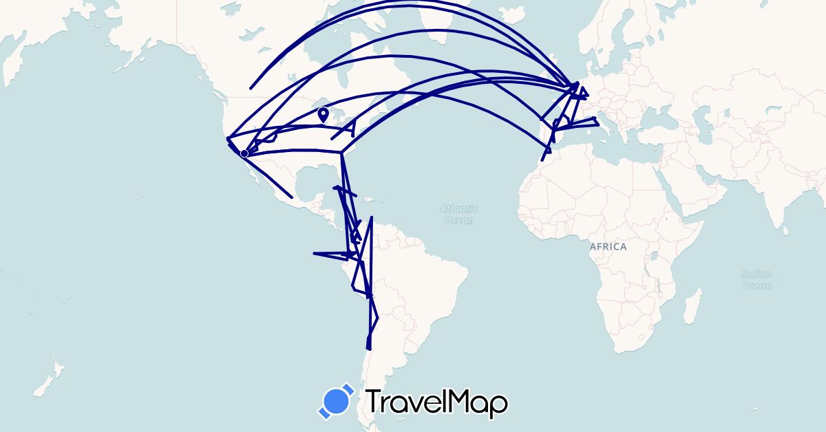 TravelMap itinerary: driving in Aruba, Belgium, Canada, Chile, Colombia, Cuba, Germany, Ecuador, Spain, France, United Kingdom, Italy, Morocco, Mexico, Netherlands, Peru, United States (Africa, Europe, North America, South America)